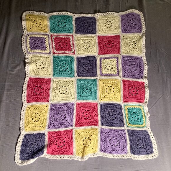 Handmade Crochet Granny Square Blanket – Pastel Multicolour Throw - Picture 2 of 9